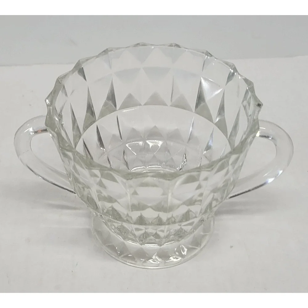 Vintage‎ Clear Diamond Point Pressed Glass Footed Sugar Bowl with Handles